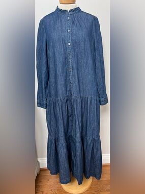 Boden Ellen Tiered Shirt Dress Blue Denim Midi Ruffle Neck 16/18R